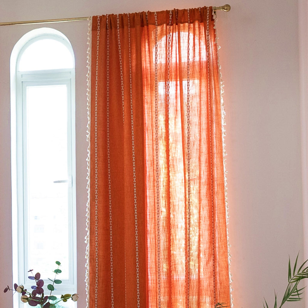 Deeprove Orange Boho Curtains 96 Inches Long With Tassel For Bedroom Living Room, Bohemian Embroidery Farmhouse Cotton Linen Fre