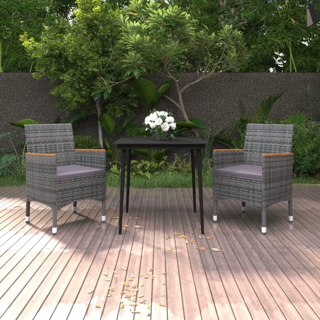 vidaXL 3-Piece Patio Dining Set in Poly Rattan and Glass - Gray and Black Outdoor Furniture with Dark Gray Cushions for Garden, Backyard, or Poolside