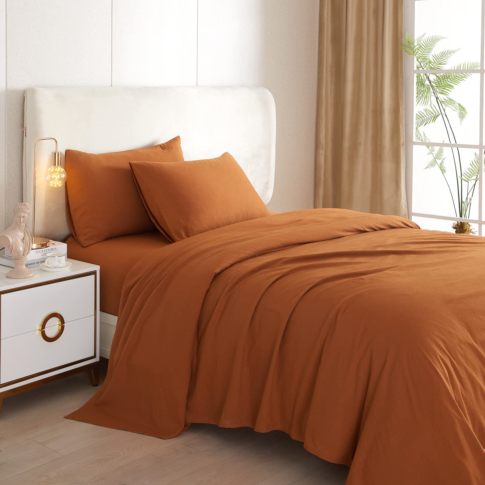 Highbuy Full Size Sheet Sets Caramel Pumpkin - 4 Piece Bed Sheets And Pillowcase Set For Full Bed Mattress - Rust Cooling Sheets