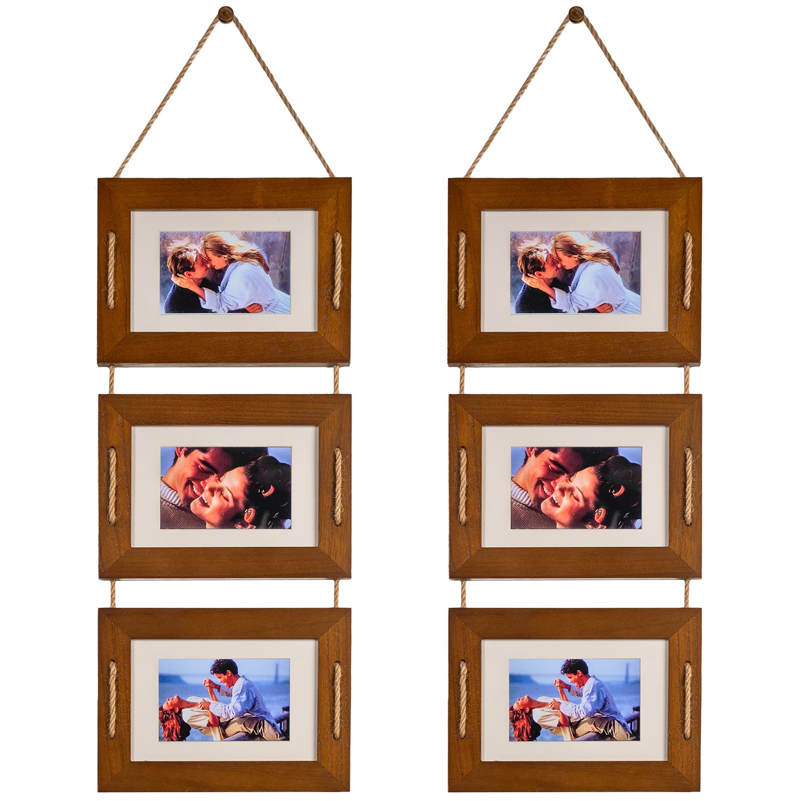 DLQuarts 5x7 Hanging Picture Frames Collage Wall Decor, 3 Opening 5x7 Matted to 3.5x5 Photo Rustic Wood Frame, Dark Walnut, 2 Pa