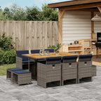 vidaXL 11 Piece Patio Dining Set with Cushions - Gray PE Rattan, Acacia Wood Tabletop, Foldable Chairs, and Stools - Ideal for Outdoor, Garden, and Patio