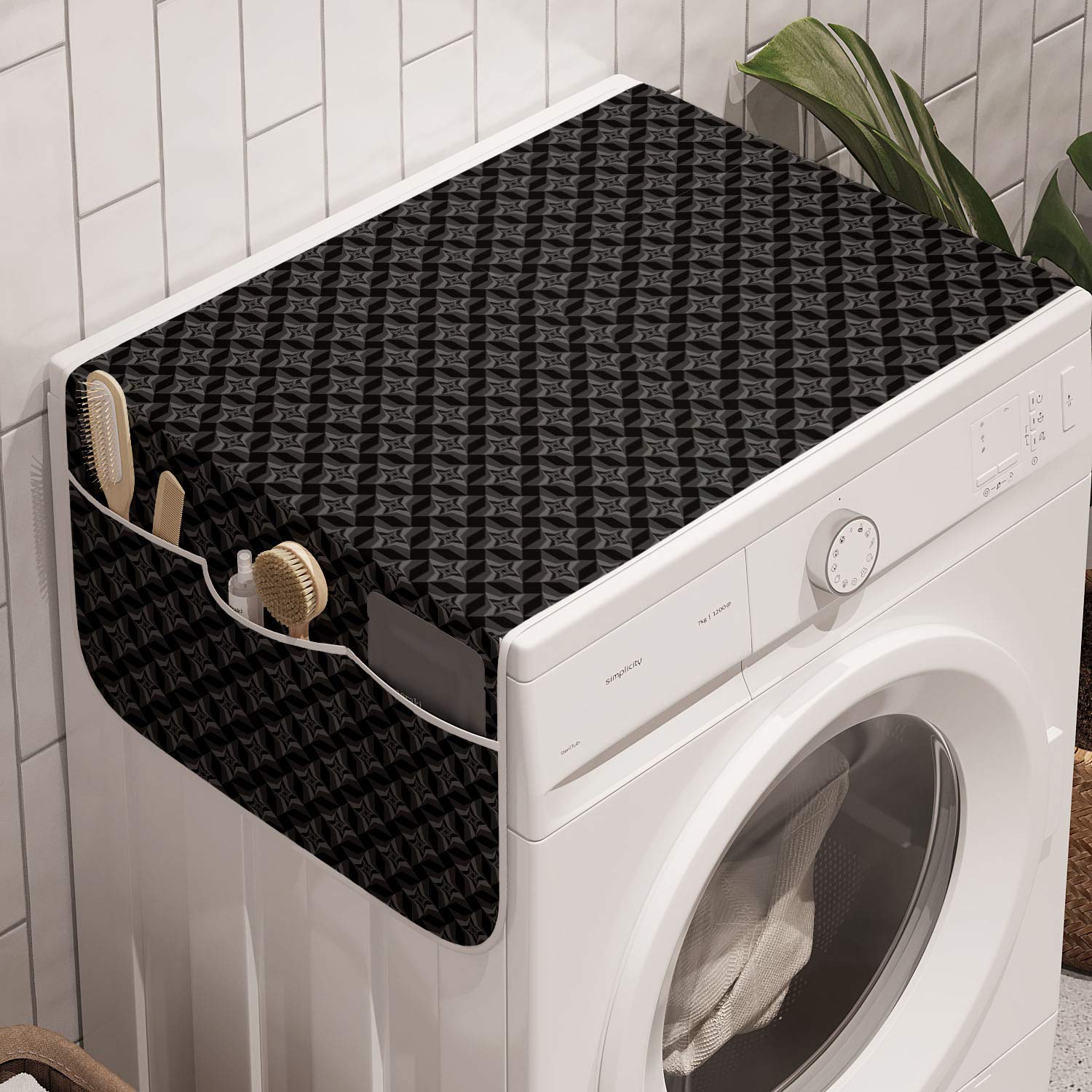 Ambesonne Charcoal Washing Machine Organizer, Monochromatic Pattern Of Repetitive Geometric Stars, Anti-Slip Fabric Cover For Wa