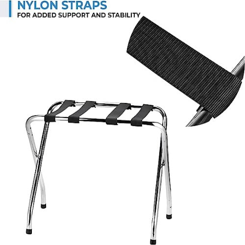 Foldable X-Shape Luggage Rack with Nylon Straps & Rubber Feet, Chrome Finish