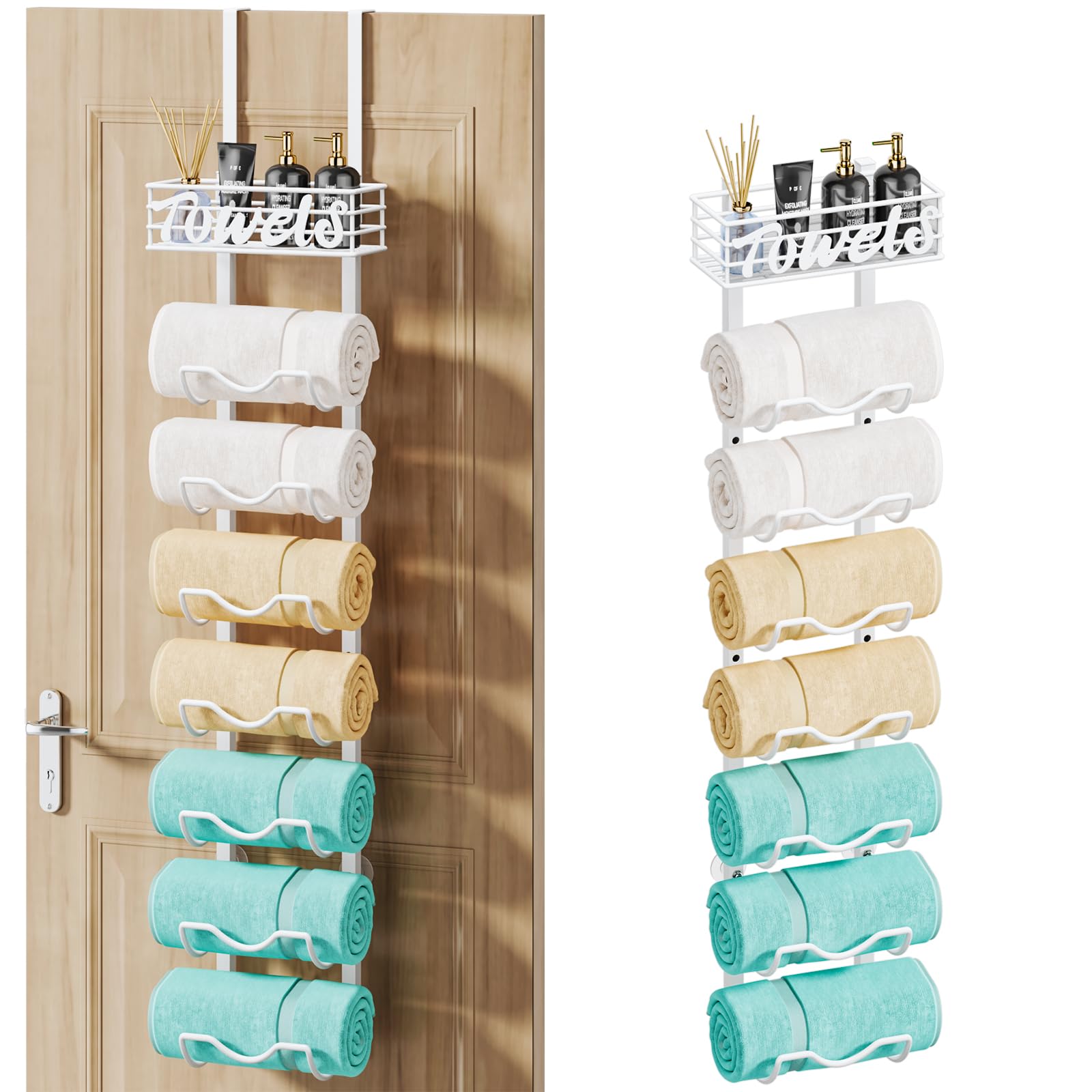 HapiRm Over The Door Towel Rack - 8 Tier Wall Mount Rolled Towel Holder Storage Organizer Shelf with Storage Basket for Small Ba