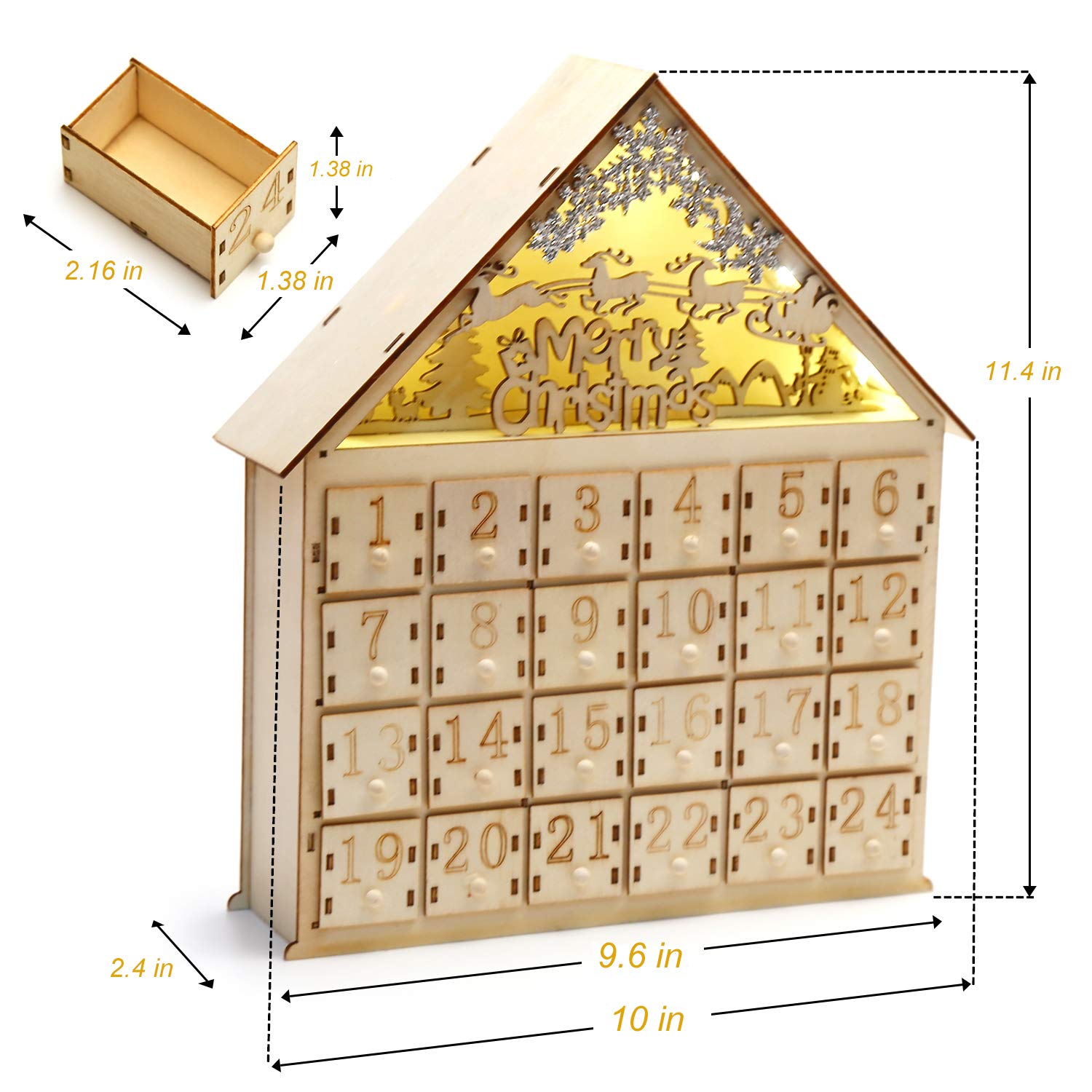 Ccinee Christmas Wooden Advent Calendar With Led Light 24 Storage Drawers Christmas Countdown Calendar For Holiday Decoration