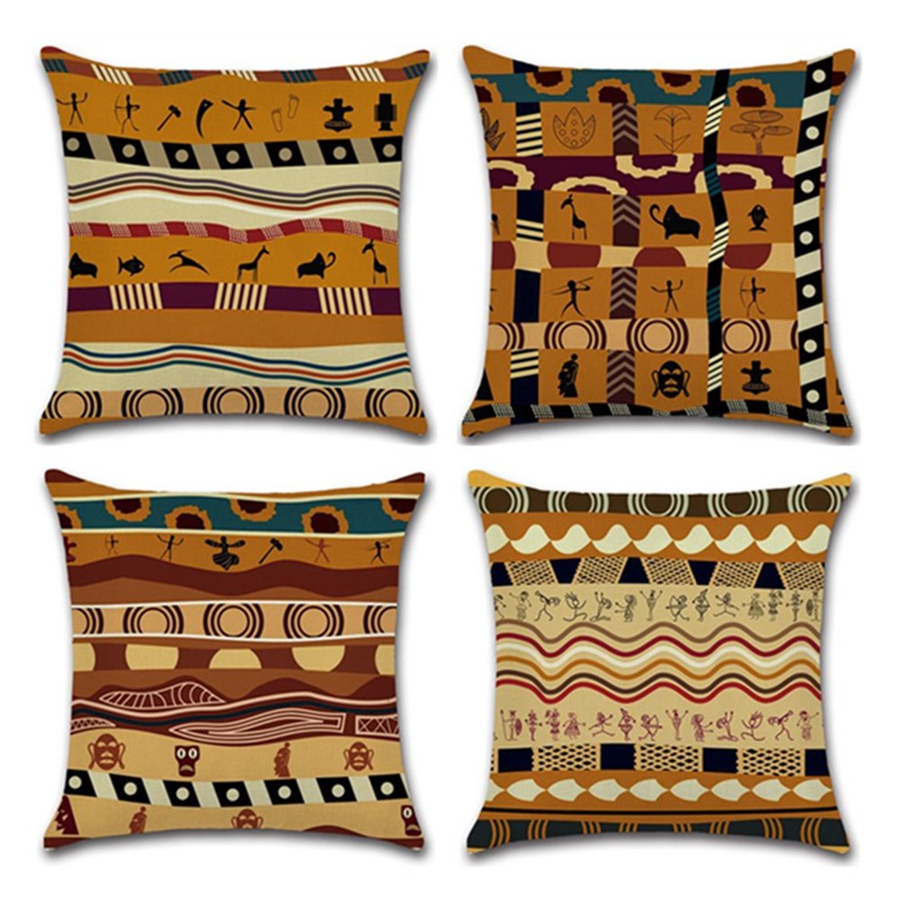 Yangyulu African Pattern Cotton Linen Home Decorative Throw Pillow Case Sofa Cushion Cover 18' X 18' (Set Of 4)