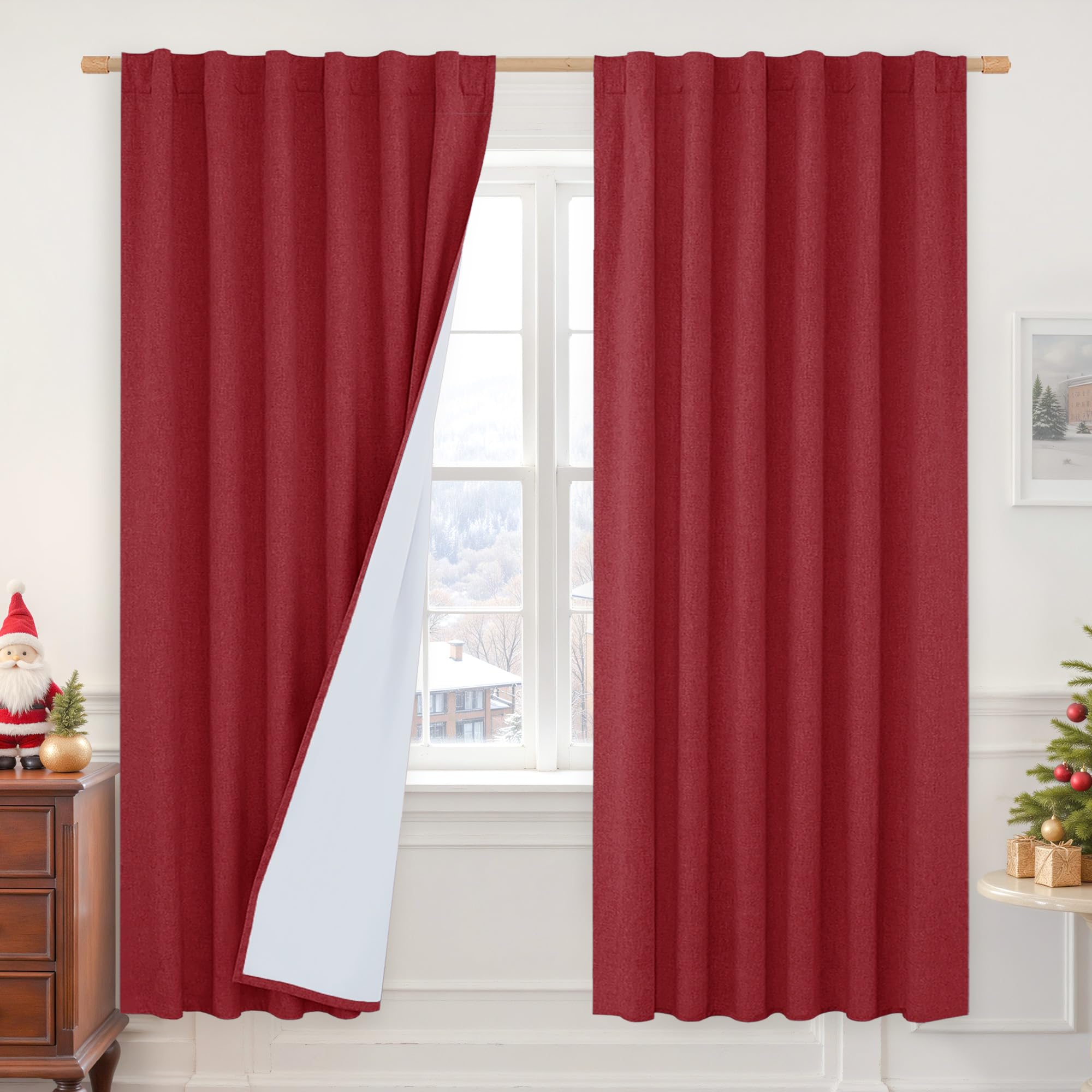 LAMIT 100% Blackout Linen Curtains, 72 Inches Linen Textured Thermal Bedroom Panels Back Tab and Rod Pocket Neutral Christmas Dr