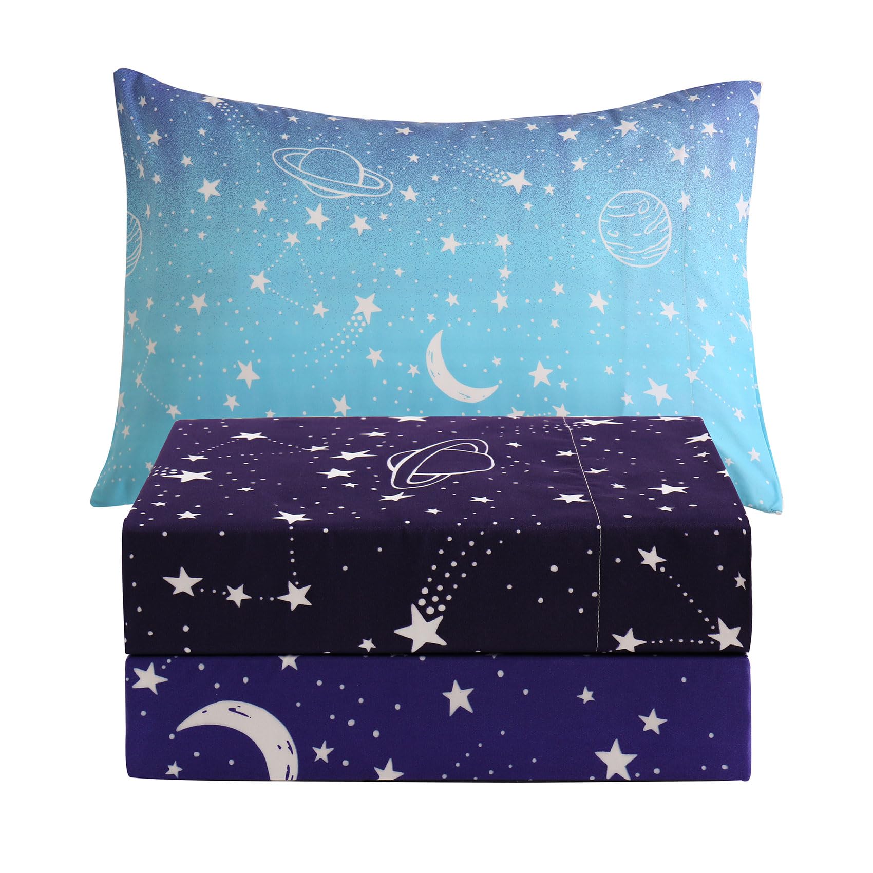 Jsd Gradient Blue Moon Stars Kids Sheet Set Twin Size, 3 Piece Space Theme Microfiber Sheets Deep Pocket