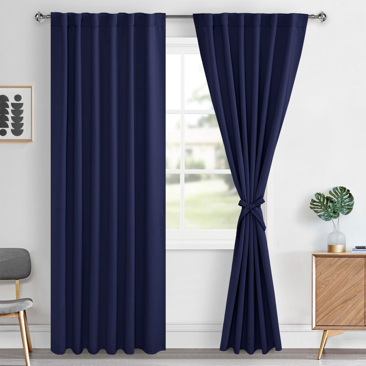 Hiasan Royal Blue Blackout Curtains 2 Panels for Bedroom, Back Tab & Rod Pocket Curtains 96 inch Long Sewn with Tiebacks, Room D