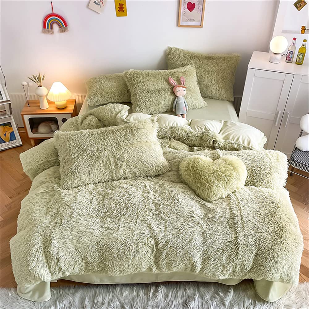 Chovy Faux Fur Plush Light Green Comforter Sets King - Ultra Soft Shaggy Flannel Velvet Fluffy Fuzzy 3Pc Bedding Set (Comforter