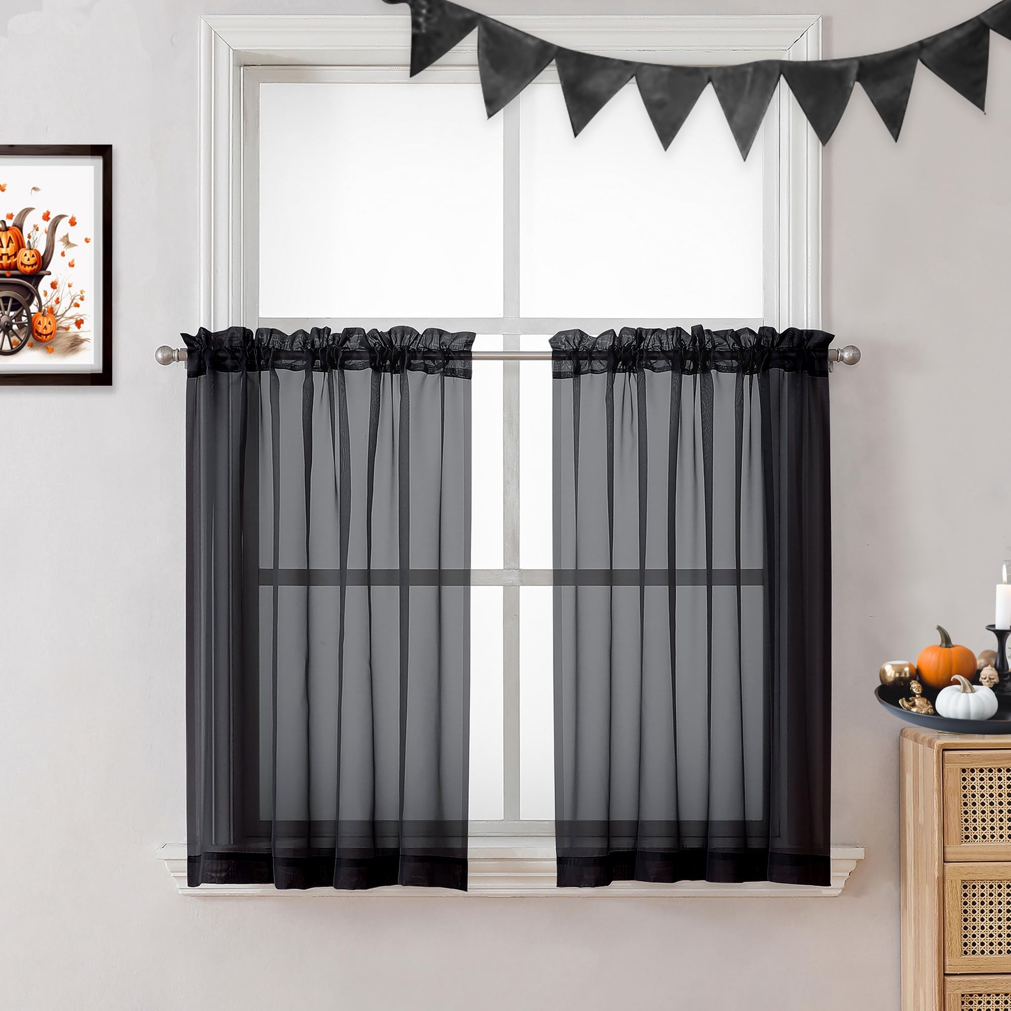 Ovzme Black Sheer Curtains 36 Inches Long, Short Kitchen Window Treatment Solid Sheers Cafe Curtains Tiers Voile Half Window Cur