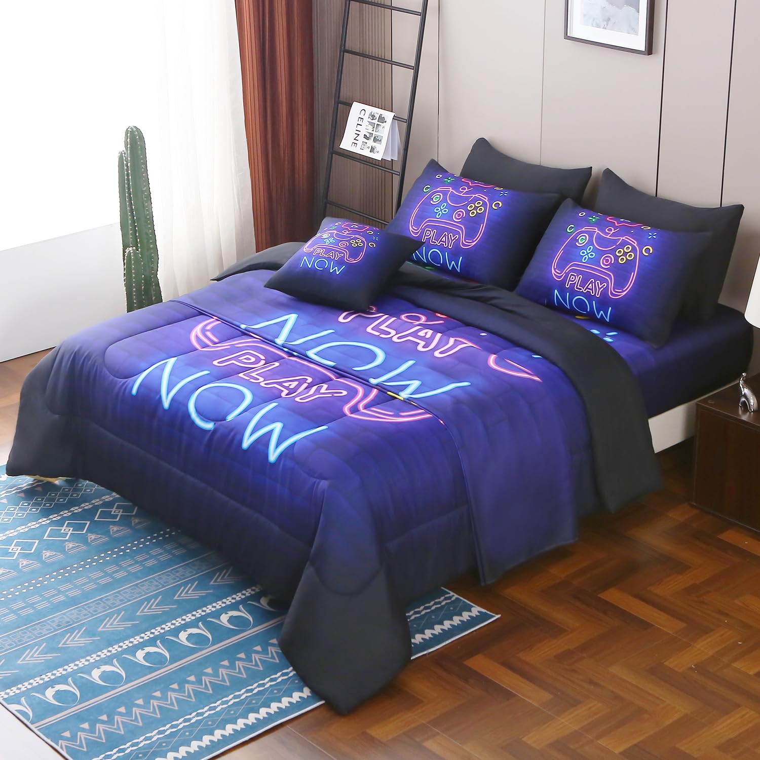 Jqinhome Full Gamer Comforter Set 8 Piece Bed In A Bag For Boys,3D Neon Light Up Design For Classic Console -All Season Soft Mic