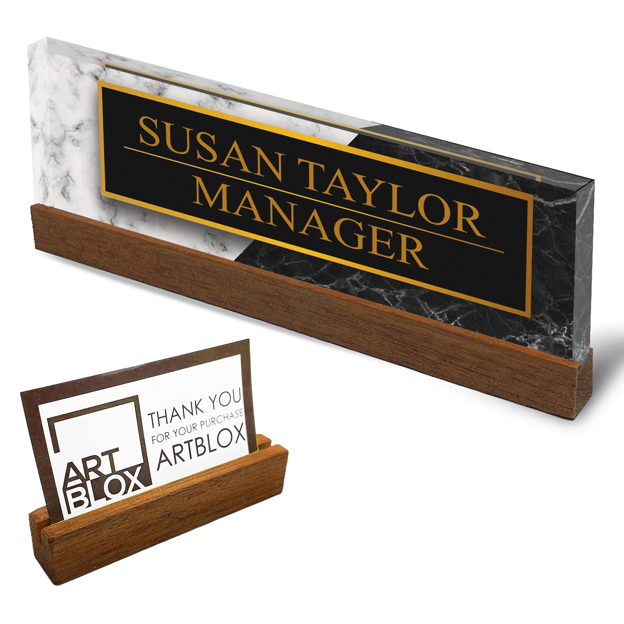 Artblox Personalized Office Desk Name Plate And Business Card Holder | Clear Acrylic Glass With Teak Wood Stand | Black White Ma