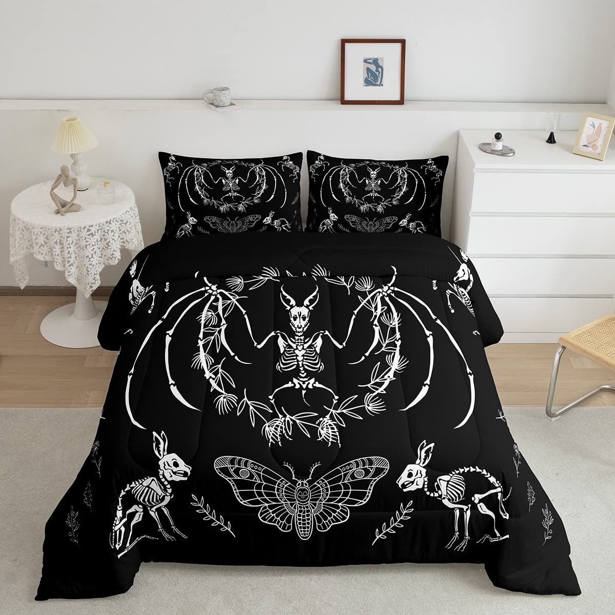 Skull Comforter Set Bat Skeleton Comforter Boho Moth Gothic Skull Bedding Set for Kids Boys Girls Adults Halloween Themed Duvet 