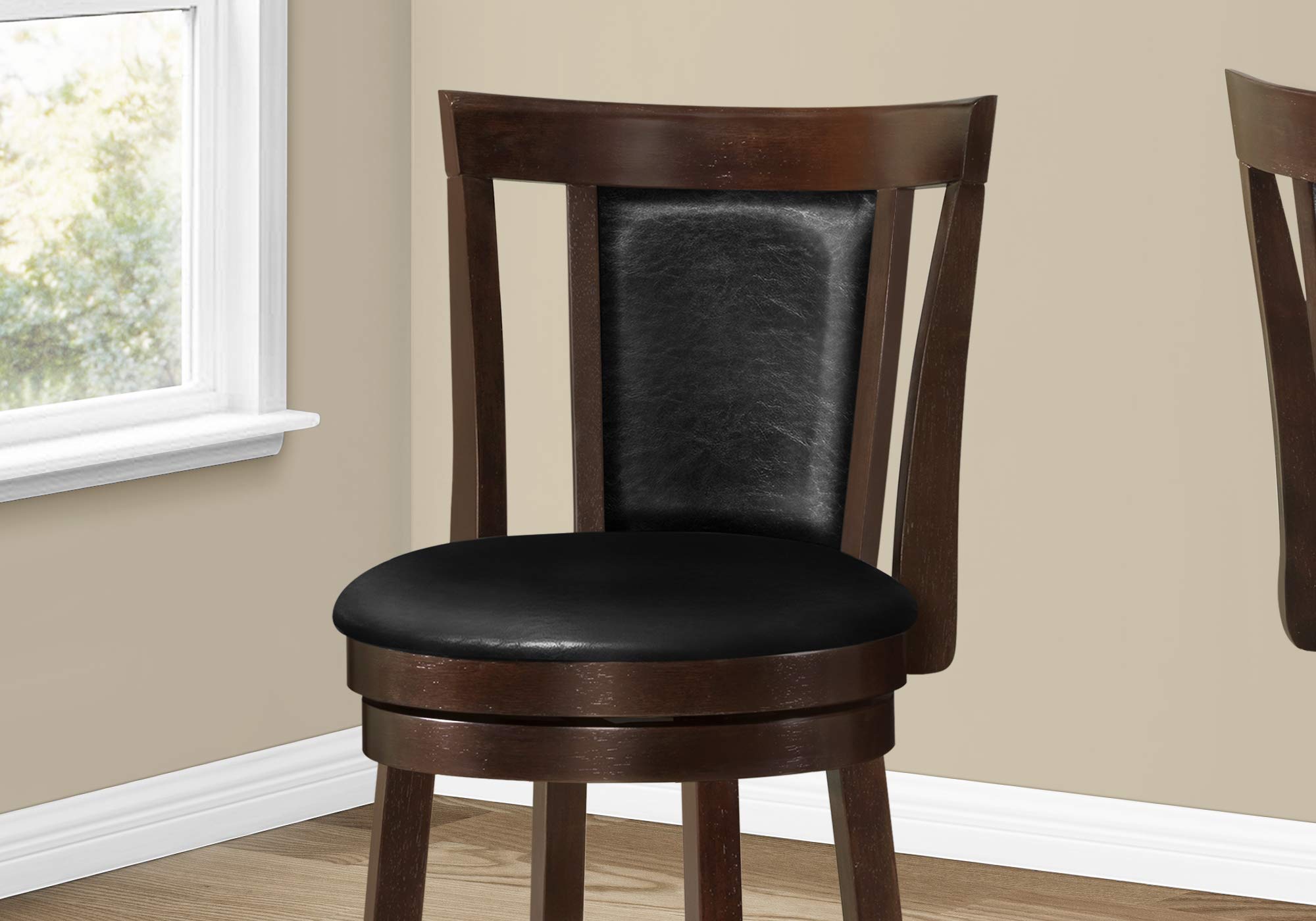 Monarch Specialties I Wood Swivel Barstools, 39'H, Cappucino/Black Leather-Look (Set of 2)