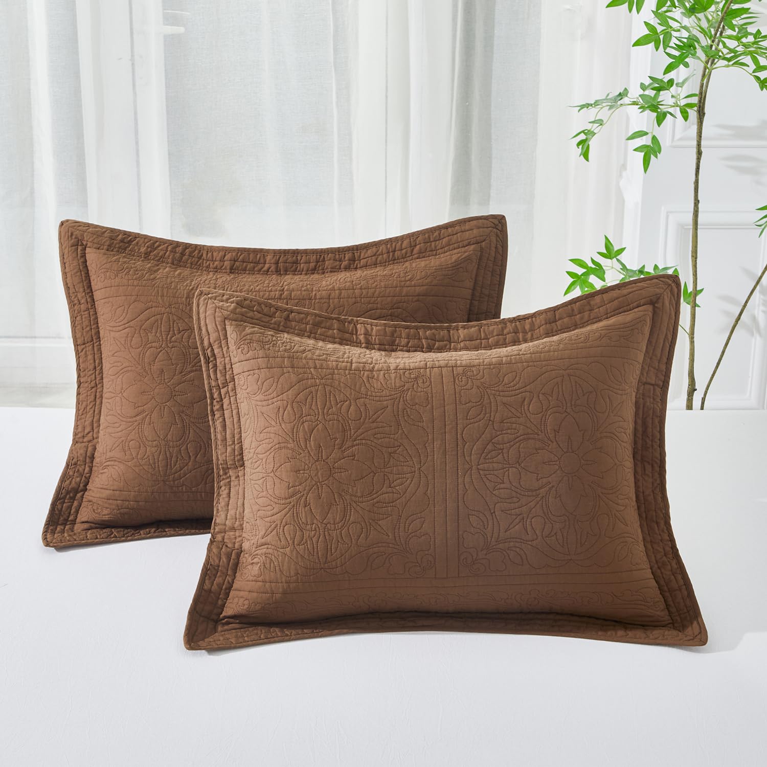 Winlife 100% Cotton Quilted Pillow Sham Floral Printed Pillow Cover Set Of 2 (King Size, Coffee)