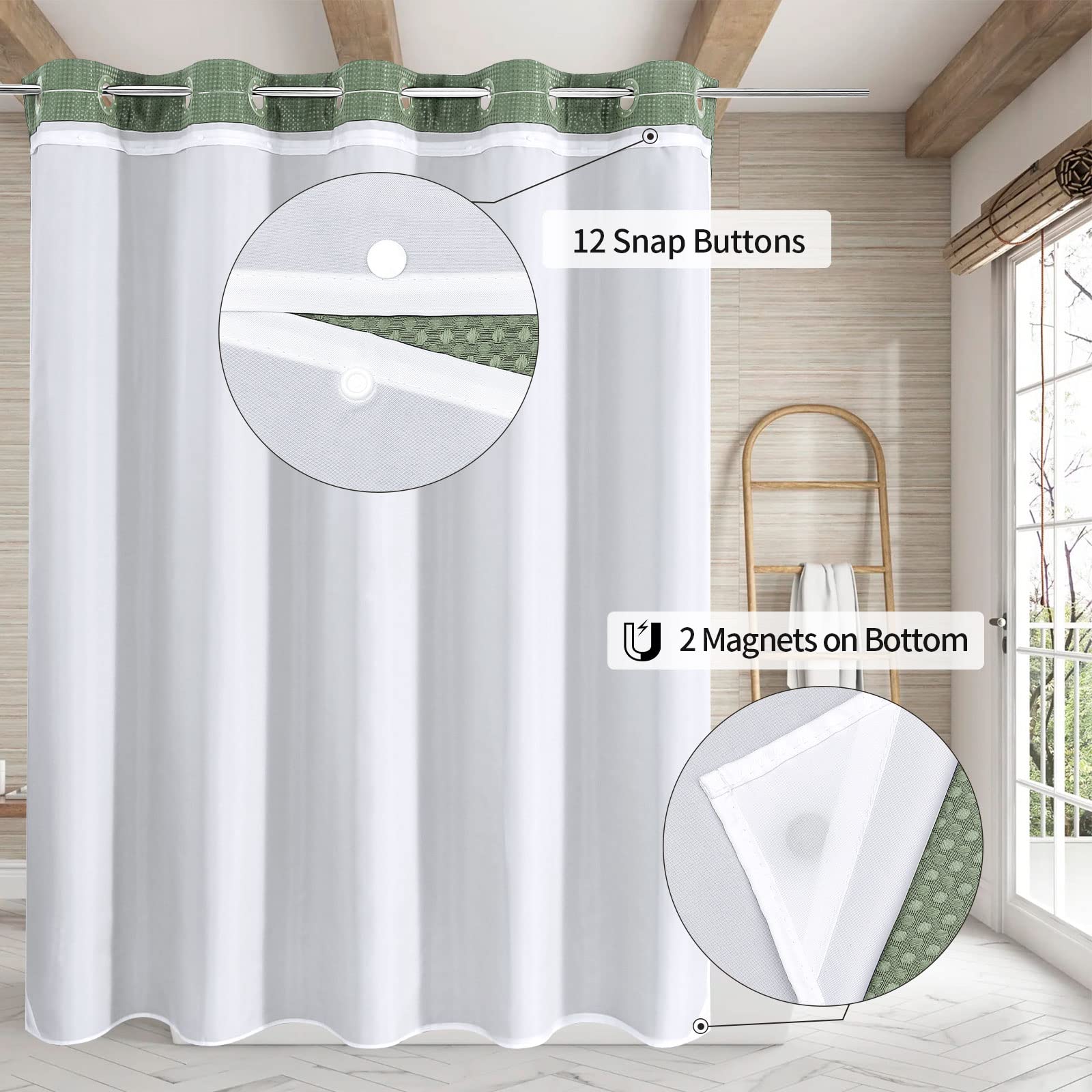 Mitovilla No Hooks Required Sage Green Waffle Shower Curtain Set With Snap-In Liner, Modern Heavyweight Fabric Shower Curtain Fo