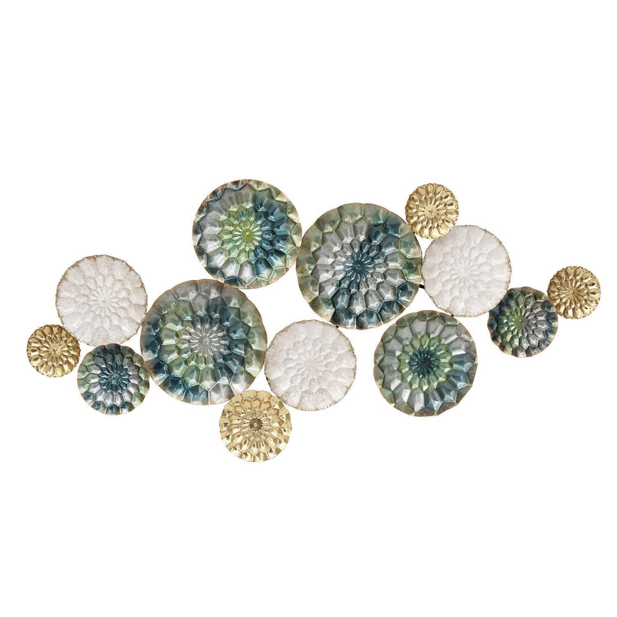 HomeRoots Metal Wall Decor Textured Plates of Mixed Green, Ivory, and Touches of Gold