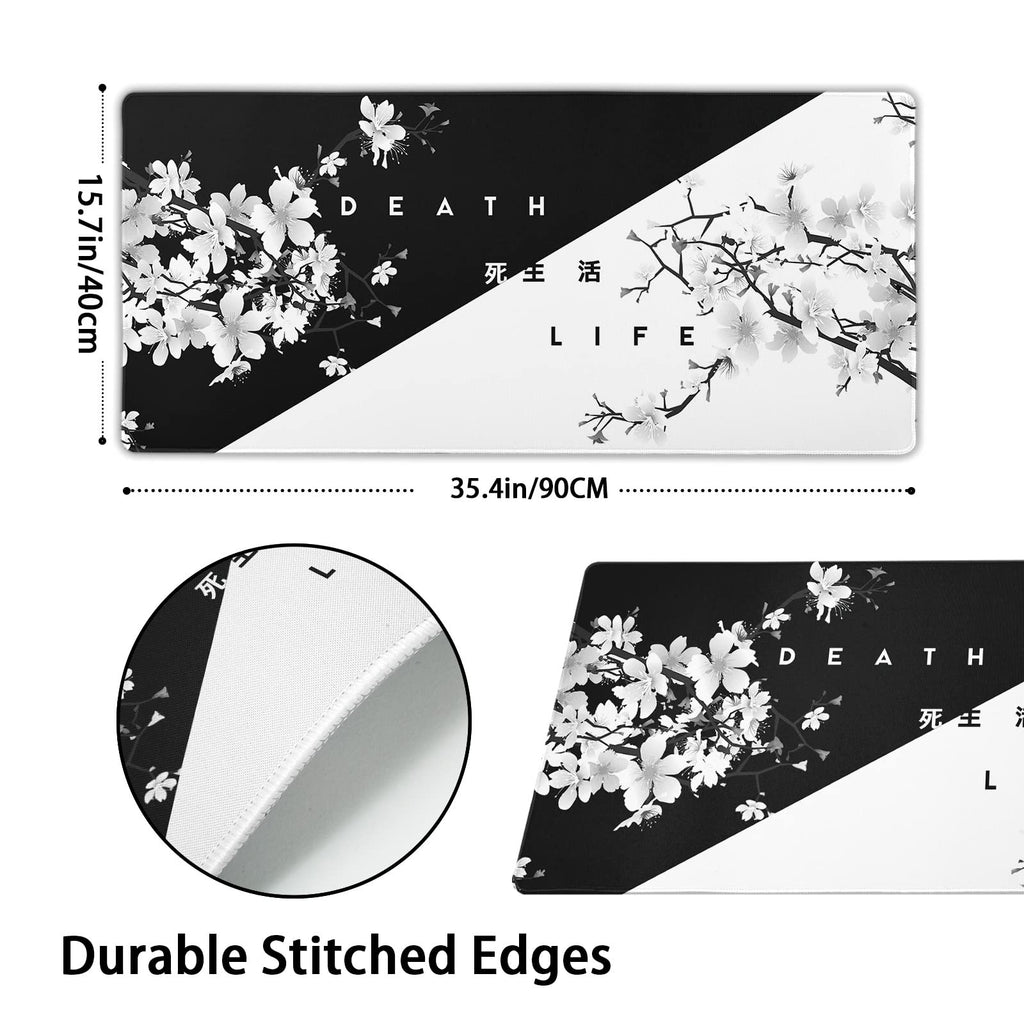 Black White Cherry Blossom Mouse Pad Japanese Sakura Death Life Extended Desk Mat 90X40 Cm Non-Slip Rubber Base Stitched Edge La