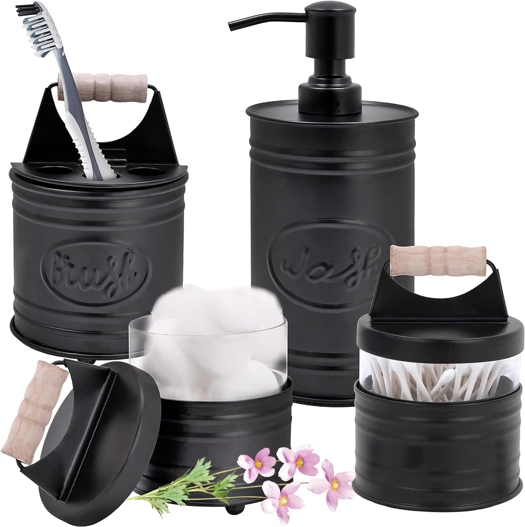 Autumn Alley Rustic Bathroom Accessories Set 4 - Black Farmhouse Soap Dispenser, Rustic Toothbrush Holder, 2 Apothecary Jars Qti