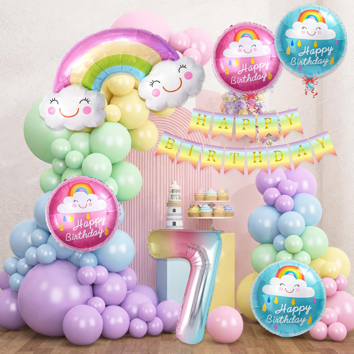 Velunza Set Of 59 Pcs 7Th Birthday Decoration Kit With Number 7 Foil Balloon, Rainbow Foil Balloon, Happy Birthday Banner, Round