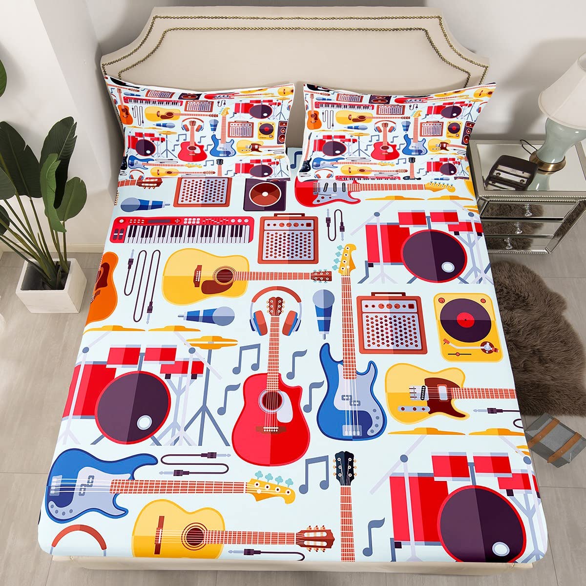 Manfei Musical Fitted Sheet Twin Size Guitar Radio Drum Kit Headset Print Bedding Set 2Pcs For Kids Boys Girls Bedroom Decor Mus