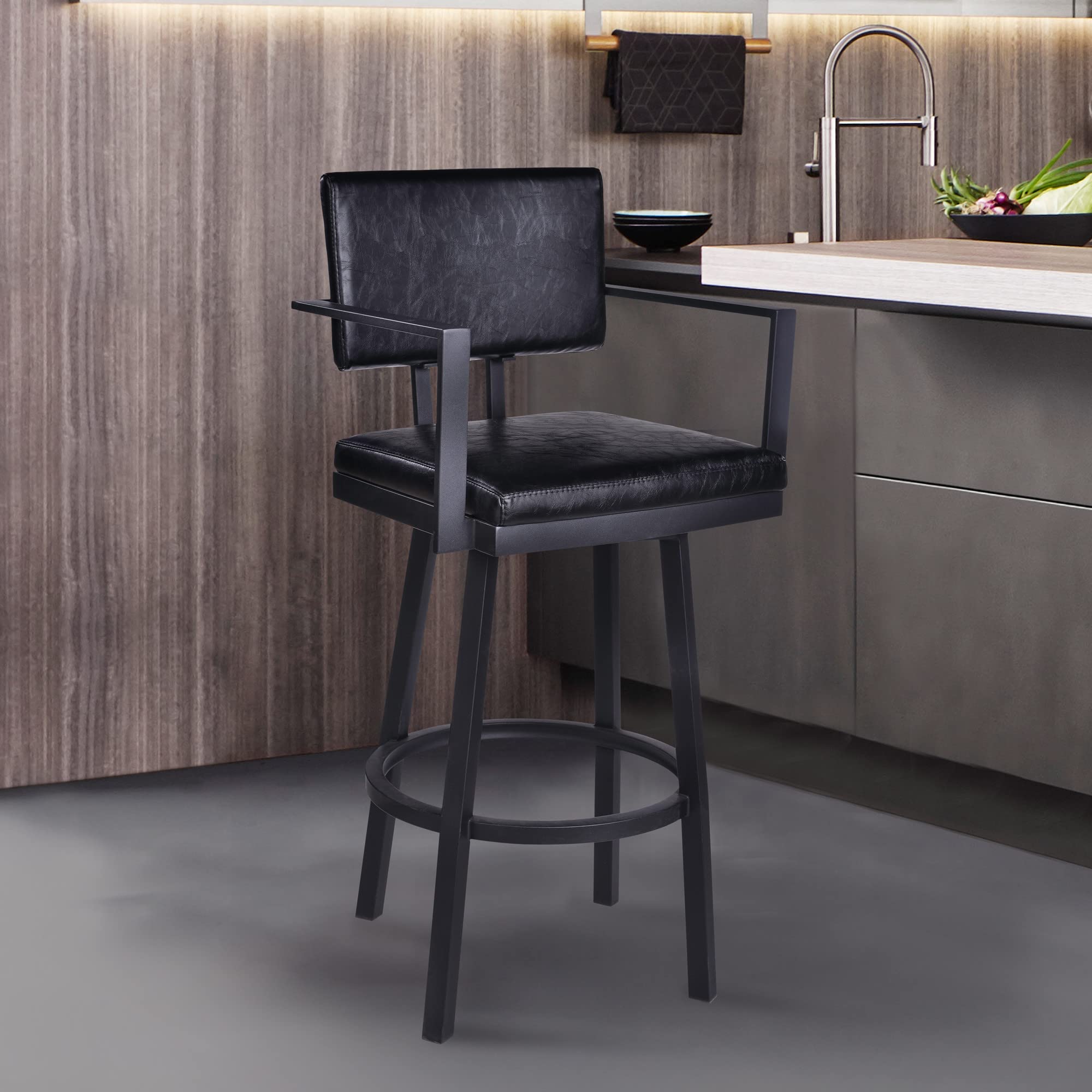 HomeRoots Vintage Black Faux Leather 26' Vintage Black on Black Faux Leather Rectangular Swivel Barstool