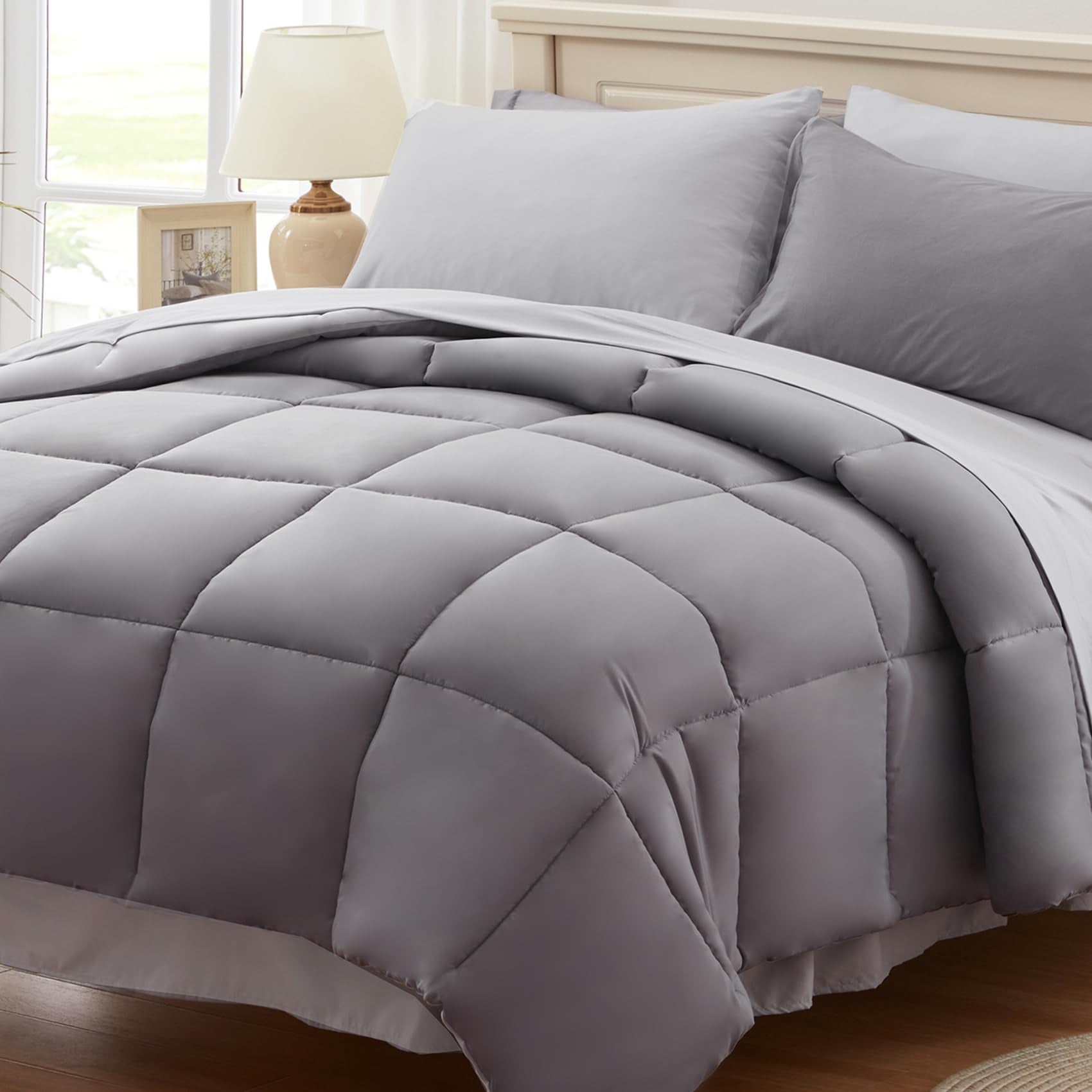 Anluoer Queen Size Bed In A Bag 7 Pieces, Grey Bed Comforter Set With Comforter And Sheets, All Season Bedding Sets With 1 Comfo