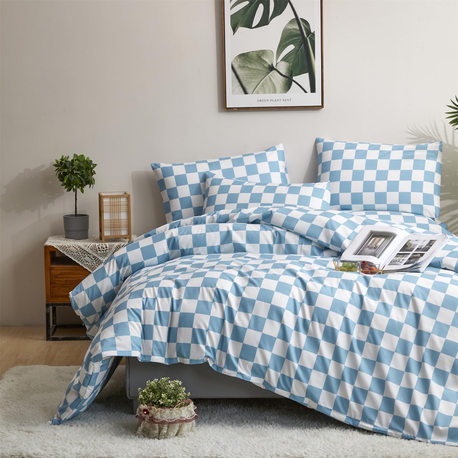 Clothknow Blue Plaid Comforter Set Twin 3Pcs Blue White Bedding Comforter Sets Light Blue Grid Comforter Soft Lake Blue Comforter Sets Twin