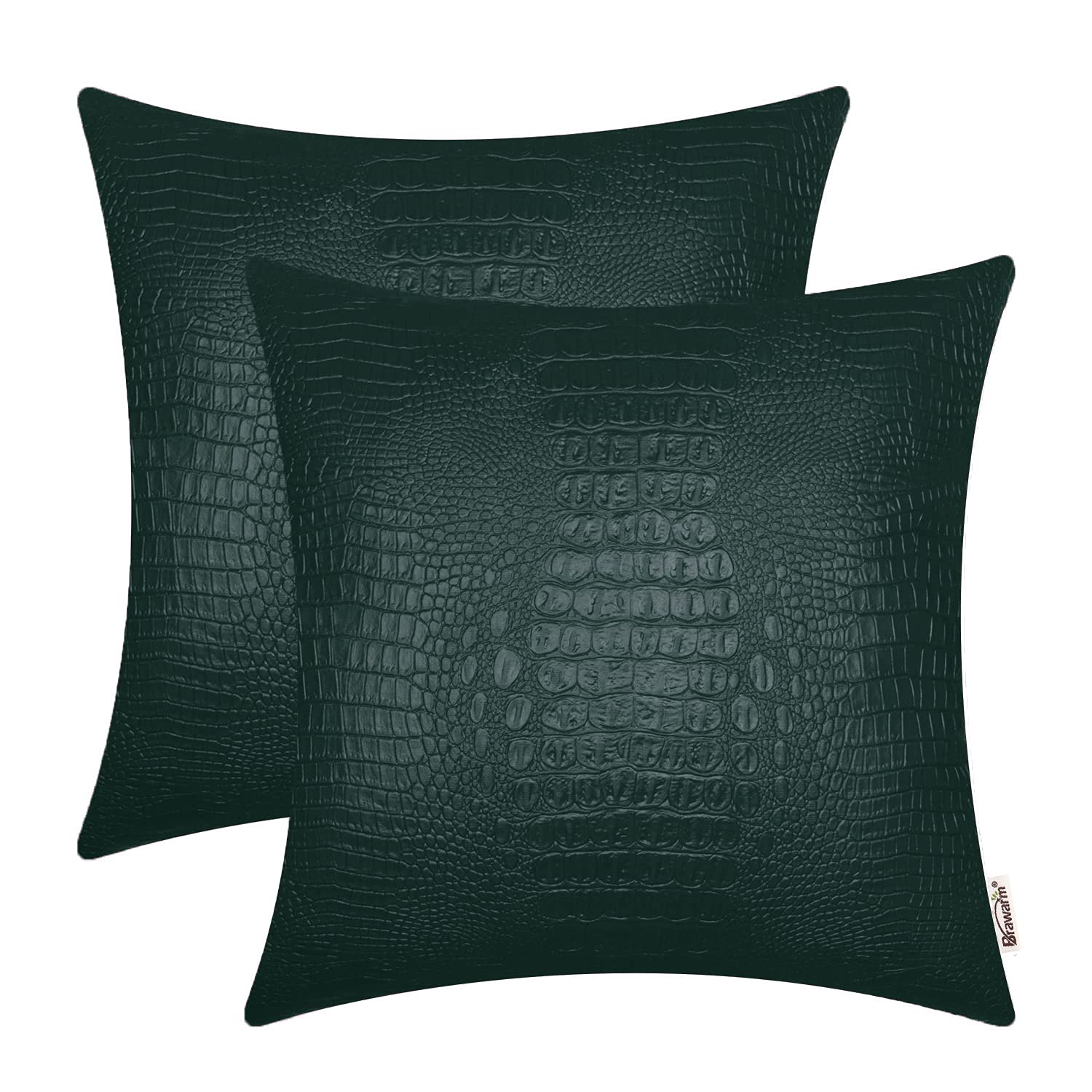 BRAWARM Faux Leather Pillow Covers 20 X 20 Inches, Dark Green Leather Pillow Covers Pack of 2, Crocodile Leather Decorative Thro