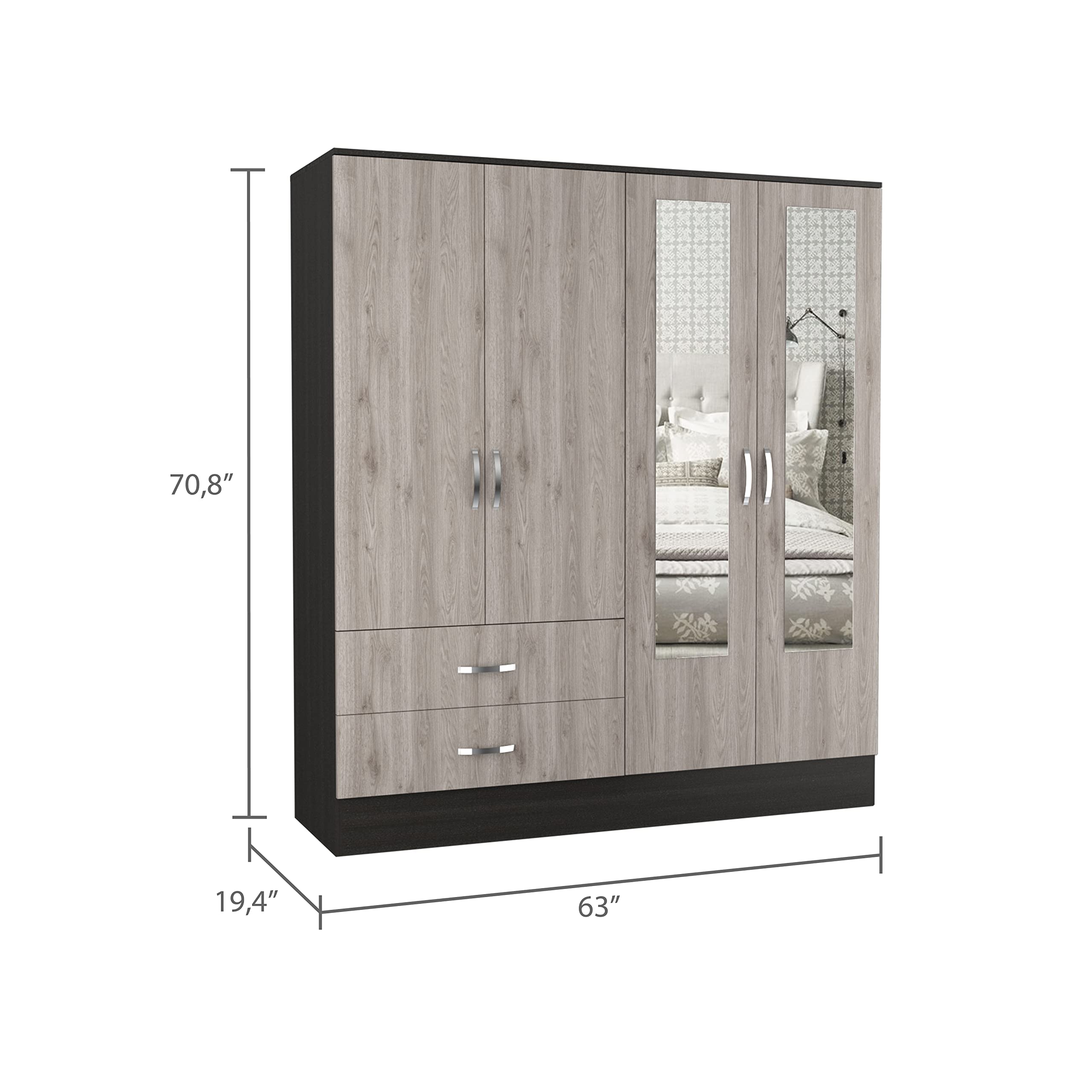 Gangi 160 Armoire, Double Door Cabinet, 2 Mirrors, Metal Hardware, 2 Drawers, Rod, 6 Shelves, Black/Light Gray