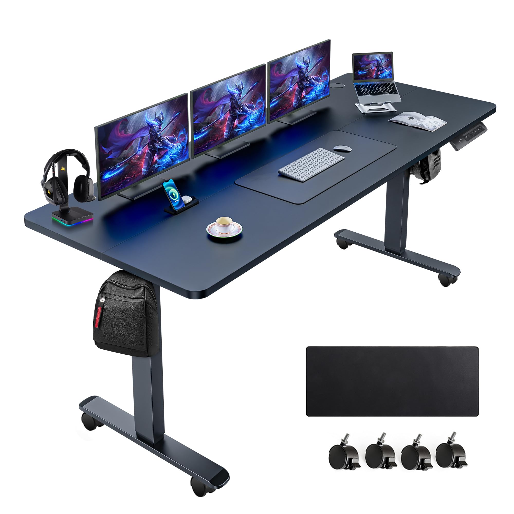 farexon Electric Standing Desk Adjustable Height, 63x24 Inches Computer Desk with Rolling Wheels, Mouse Pad,Multifunctional Stan