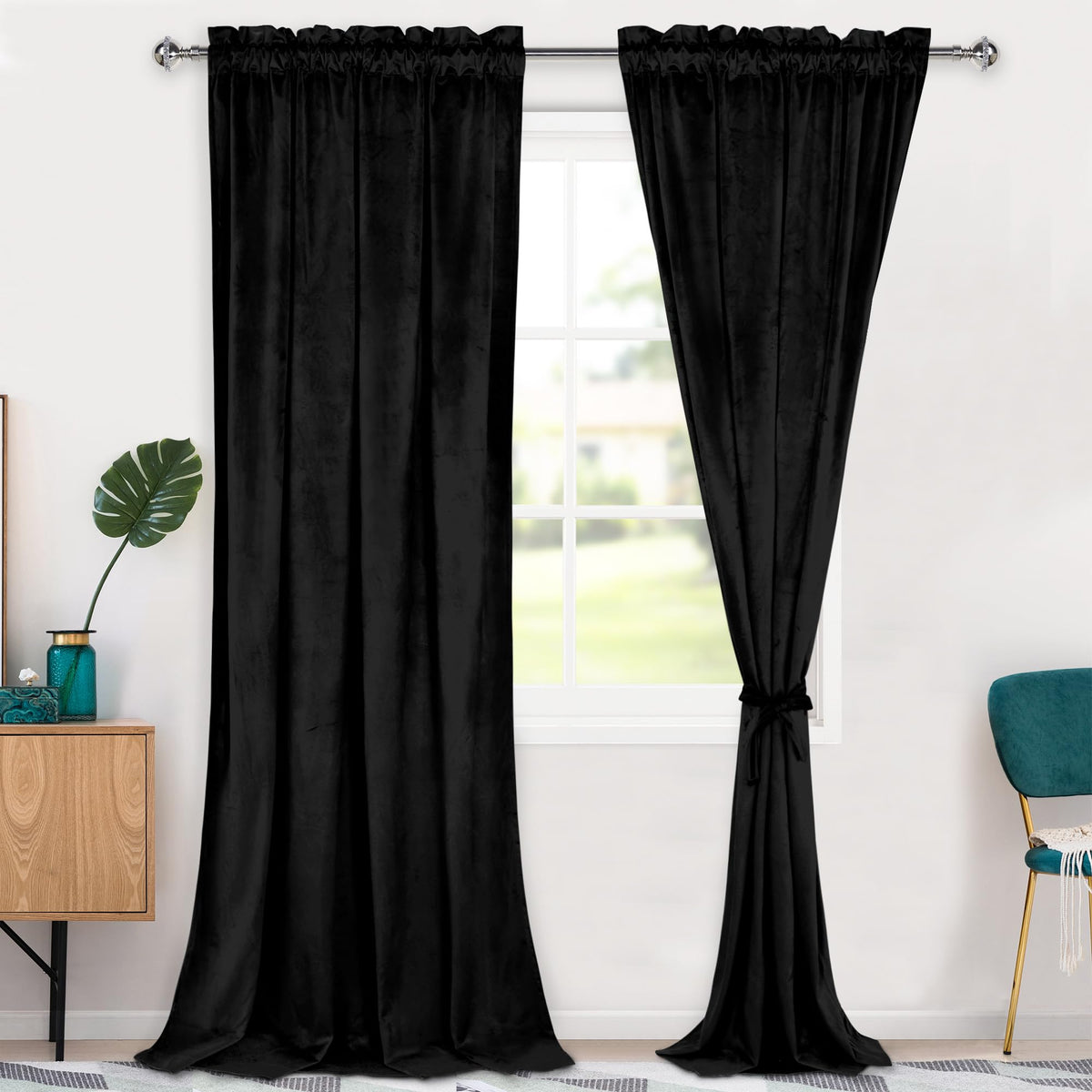Hiasan Black Velvet Curtains 96 Inches-Blackout Thermal Insulated Solid Soft Curtains For Bedroom Living Room Rod Pocket Room Da