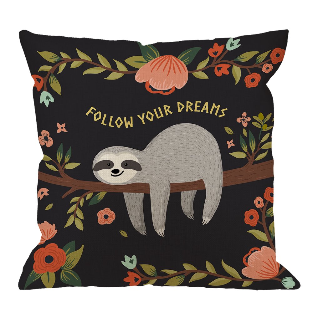 Hgod Designs Sloth Throw Pillow Covers Decorative Follow Your Dreams Throw Pillow Cute Baby Sloth On The Tree Cotton Linen Squar