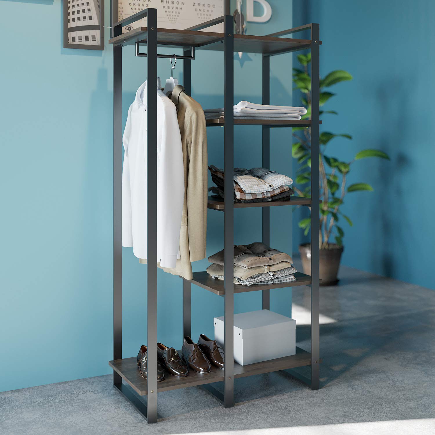 Zinus Brock Etagere Bookcase with Hanging Storage, 4-Shelf Bookcase, Metal Frame, Solid Acacia Wood, Easy Assembly