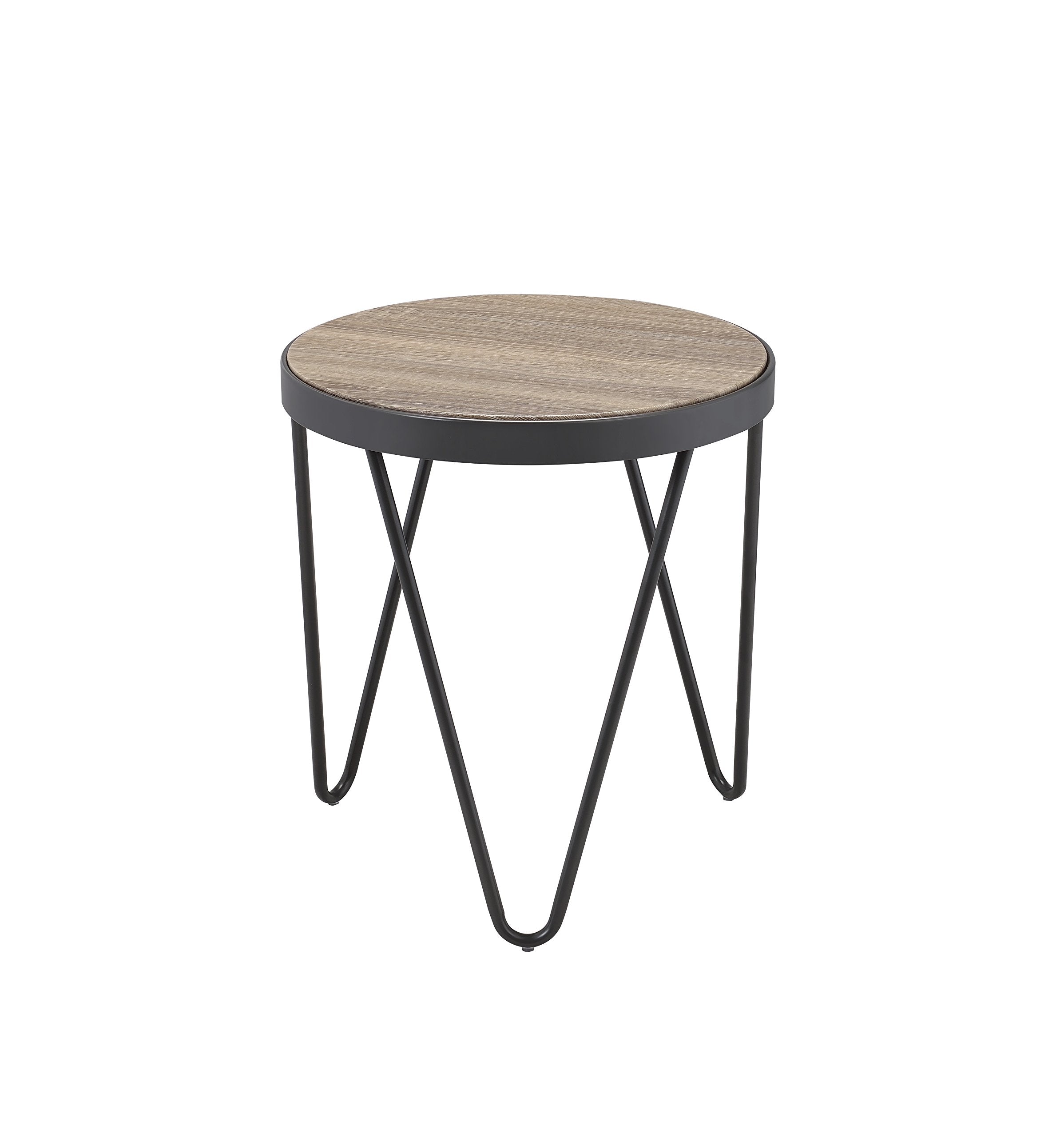 Acme Bage Round Wooden Top End Table In Weathered Gray Oak
