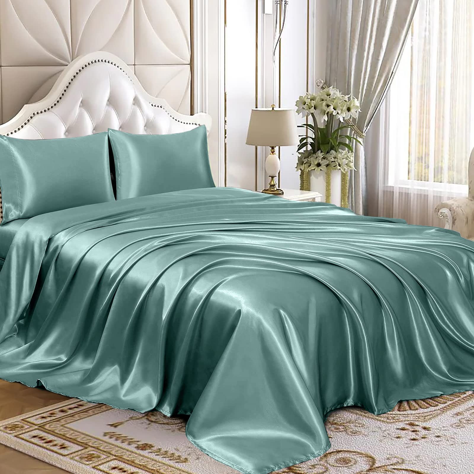 Homiest 3Pcs Satin Sheets Set Luxury Silky Satin Bedding Set With Deep Pocket, 1 Fitted Sheet + 1 Flat Sheet + 1 Pillowcase (Twin Size, Greyish Green)