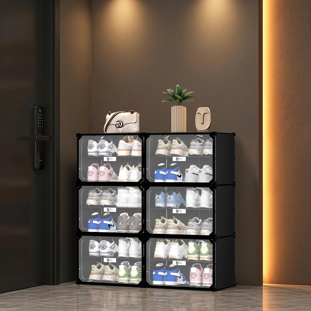 wesimple Black 6 Tier Modular Shoe Storage Cabinet with Magnetic Doors