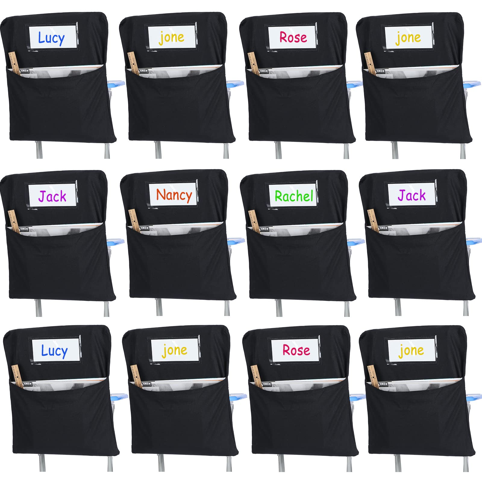 Maitys 12 Pack Canvas Chair Pockets for Classrooms 17 x 20 Inches Large Students Chair Bags with Name Tag Seat Pocket for Keepin