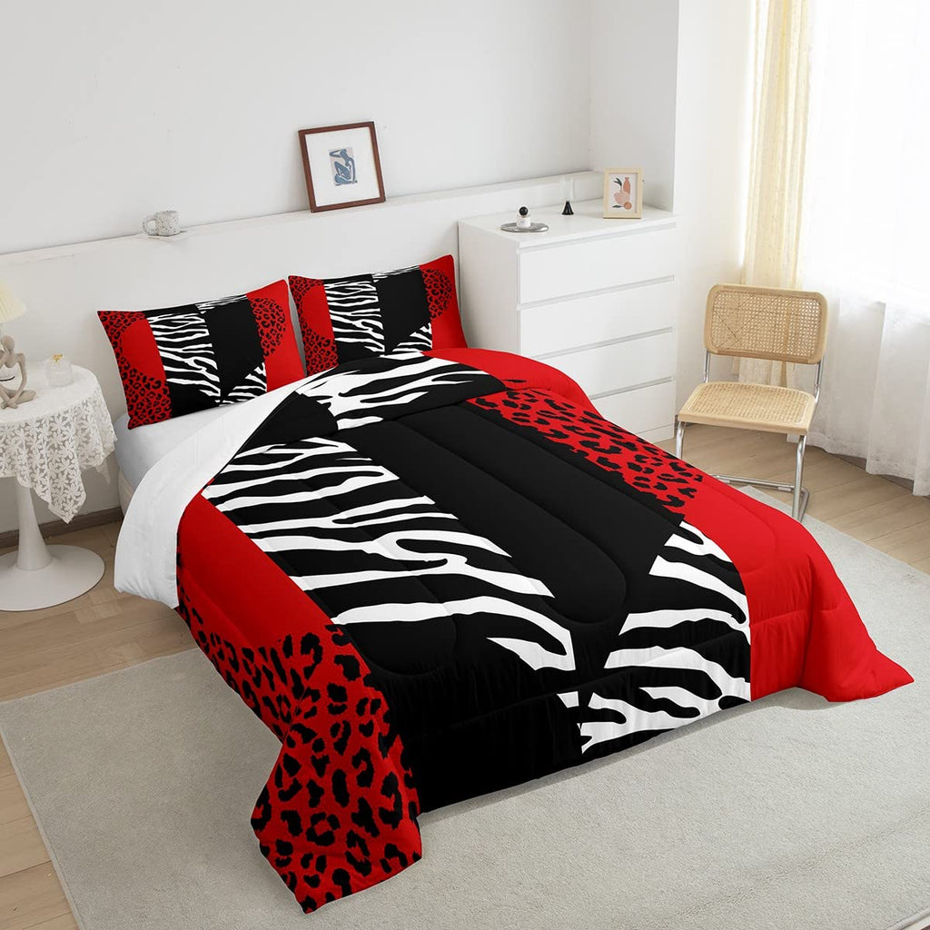 Leopard Zebra Comforter Set King Size,Wild Animals Skin Bedding Set 3Pcs For Teens Adults Room Decor,Red Black Geometric Striped Heart Quilt Set Romantic Microfiber Duvet Insert With 2 Pillowcases