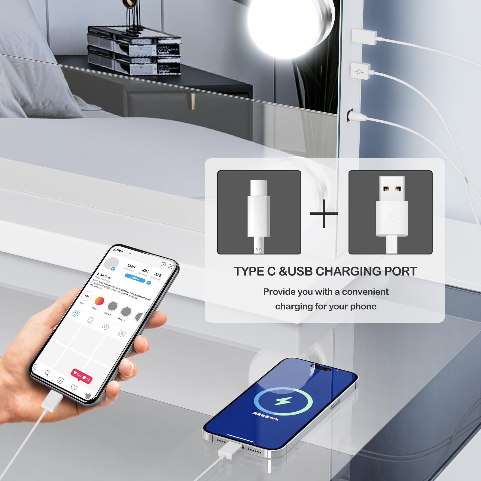 Gvnkvn Hollywood Vanity Mirror with 18 Dimmable LED Bulbs, USB & Type-C Charging, 32"x24", Gold Finish