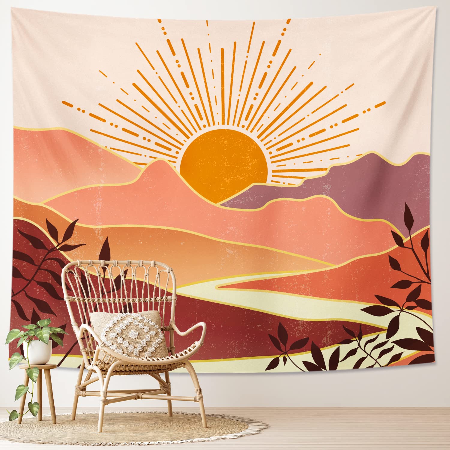 TPHIHPT Orange Bohemian Sun Art Tapestry Aesthetic Sunset Vintage 70s Rainbow Mountain Tapestry for Living Room Bedroom Dorm Cla