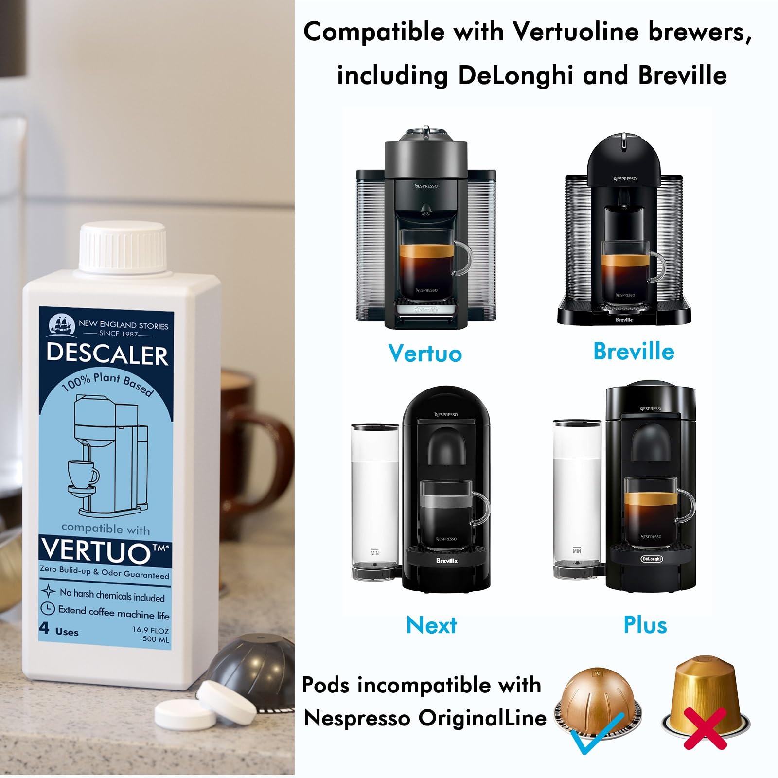 (12 Months Supply) Nespresso Compatible Vertuo Descaling Kit, Odorless Coffee Brewer Machine Descaler Set, Liquid Descaling Solu