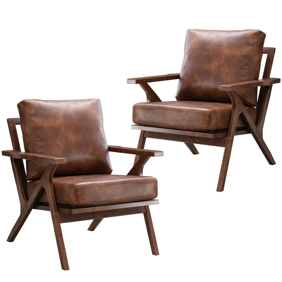 Bonzy Home Mid Century Modern Chair,Accent Chairs Set Of 2, Comfy Upholstered Pu Leather Armchair With Solid Wood Frame, Retro L