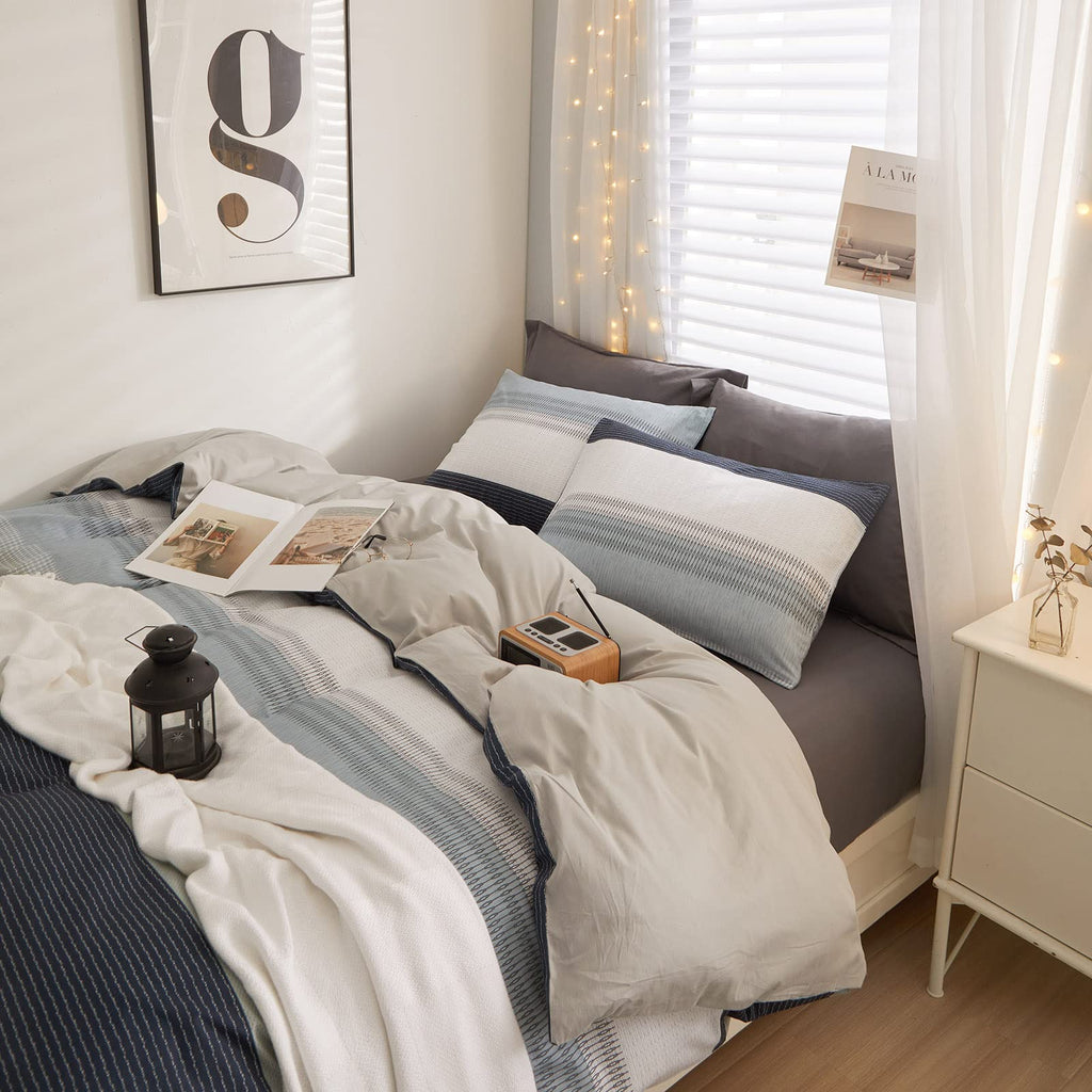 Lifetb Cotton Stripe Duvet Cover Queen White Blue Gray Stripe Comforter Cover Geometric Stripe Bedding Set Modern Soft Geometric