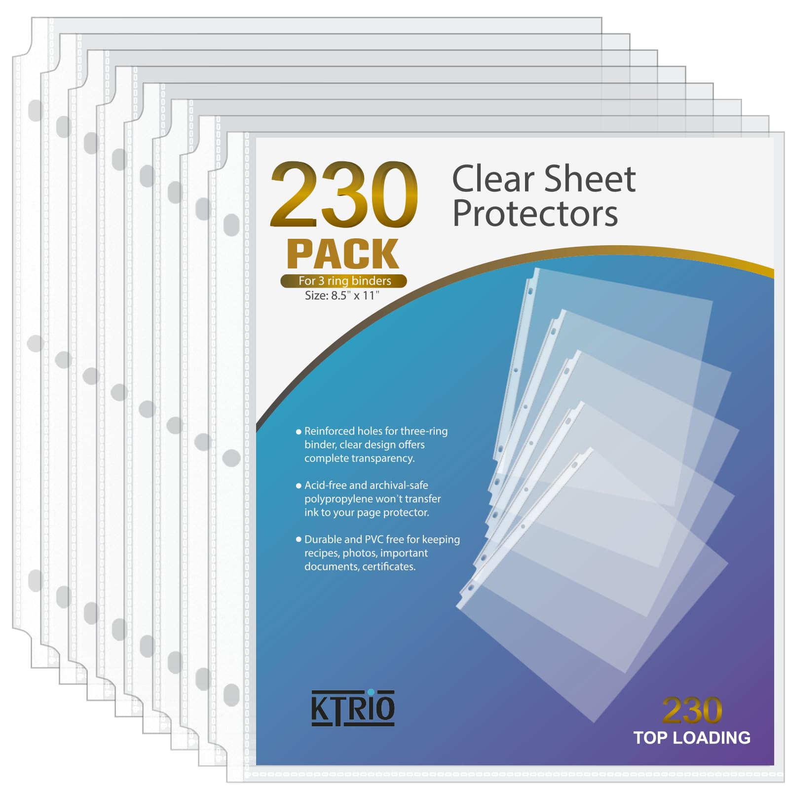 Ktrio Sheet Protectors For 3 Ring Binder 8.5 X 11 Inch, Plastic Sleeves For Paper, Clear Page Documents Protectors Letter Size,