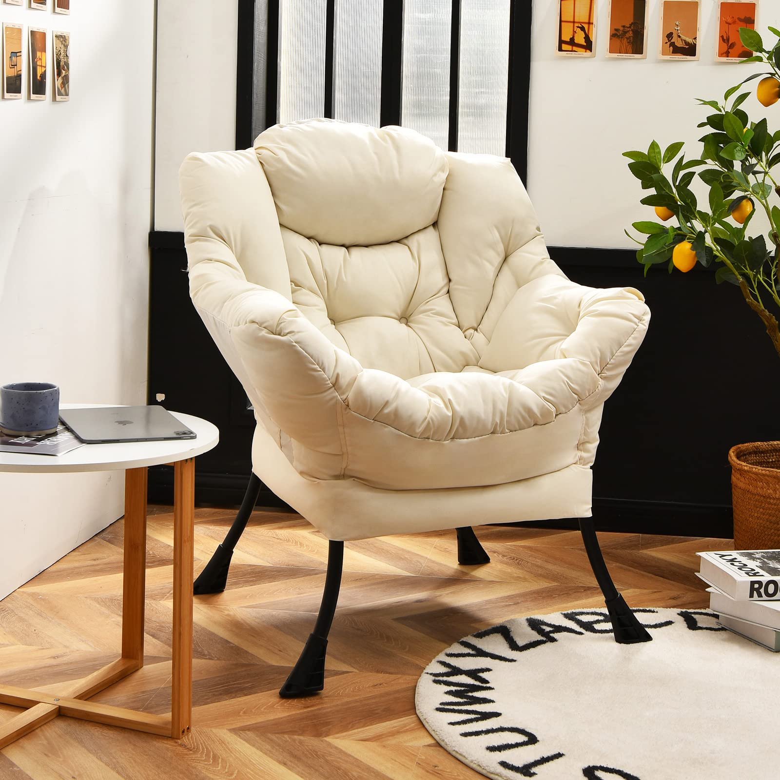 Gorelax Modern Lazy Chair,Upholstered Lounge Accent Chair, Single Leisure Sofa Chair With Armrests & Side Pocket, Comfy Reading Chair For Bedroom, Living Room, Dorm Room (Beige)