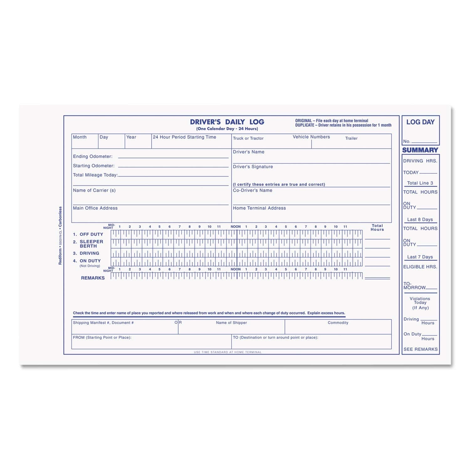 Rediform Products Driver'S Daily Log, 5-3/8 X 8-3/4, Carbonless Duplicate, 31 Sets/Book