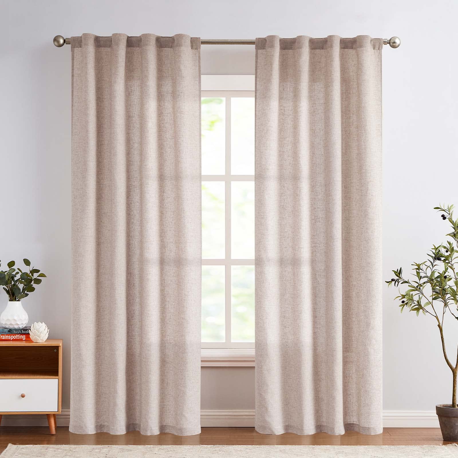 Jinchan Linen Blend Curtains 90 Inches Long For Living Room Farmhouse Rod Pocket Back Tab Light Filtering Window Drapes For Bedroom Curtains Taupe 2 Panels