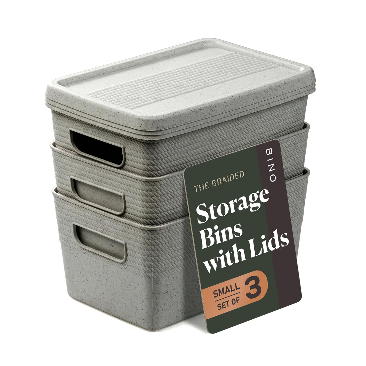 BINO | Plastic Storage Bins with Lids, 5 Liter  3 Pack, Natural Grey | THE BRAIDED COLLECTION | Plastic Bins for Organization W
